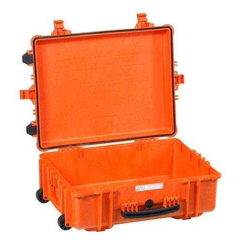 The Explorer 5823 is an open, empty, bright orange hard-shell protective case with black handles, black latches, and a foam interior, displayed against a white background.