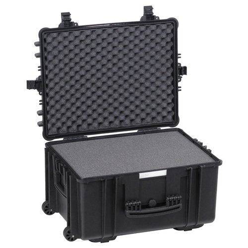 The Explorer 5833, a black waterproof case with custom foam interior, is shown open and features a handle and wheels for easy transport.