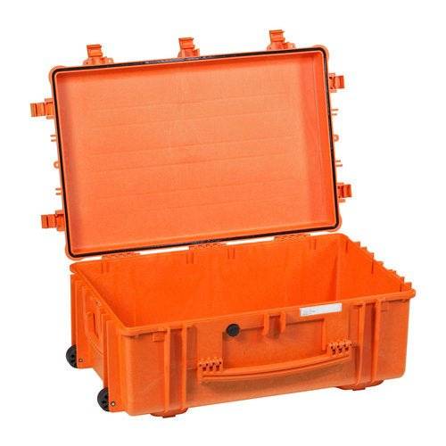 The Explorer 5833 is an open, empty, hard-shell orange waterproof case with a handle and wheels, pictured with its lid raised.