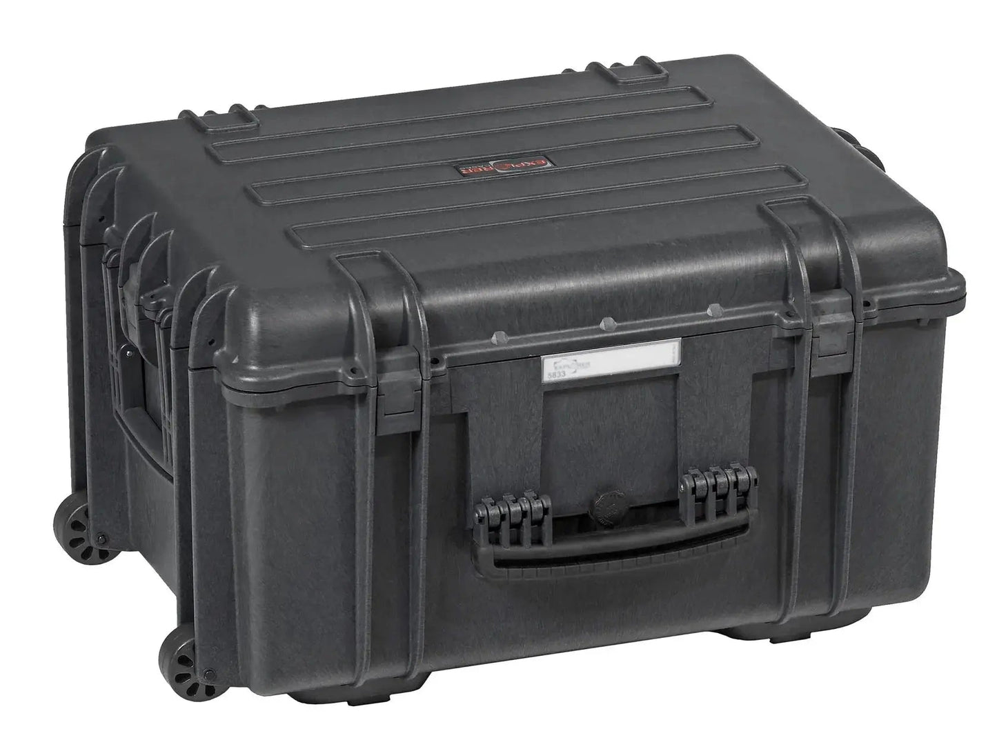 The Explorer 5833 is a black hard plastic waterproof case with wheels and a handle, shown closed and angled, providing reliable protection for your equipment.
