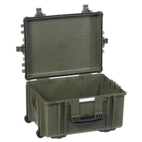 The Explorer 5833 is an empty green hard-shell waterproof case with wheels and an open hinged lid.
