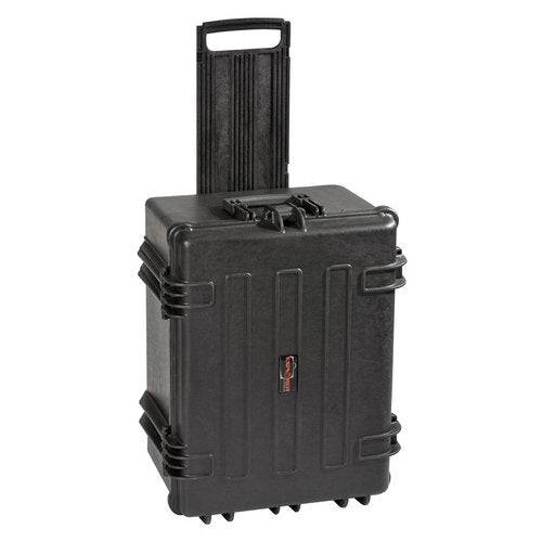 The Explorer 5833 is a black hard-shell rolling waterproof case with a retractable handle, reinforced corners, secure latches, and a custom foam interior for extra protection.