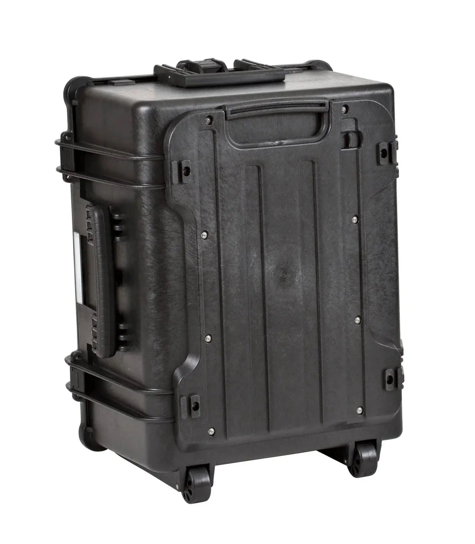 The Explorer 5833 is a black hard-shell rolling suitcase featuring top and side handles, a ridged surface, bottom wheels, and a custom foam interior for enhanced protection.