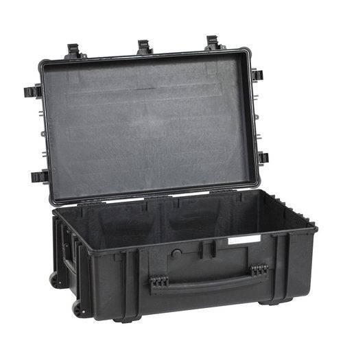 The Explorer 7630 is a large black hard plastic waterproof case with a hinged lid open, a divided interior compartment, and a sturdy front handle.