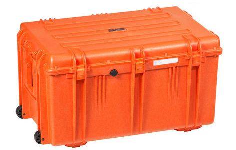The Explorer 7641 is a large, durable orange plastic storage case featuring stainless steel-reinforced edges, side handles, wheels, secure latches, and a waterproof label.