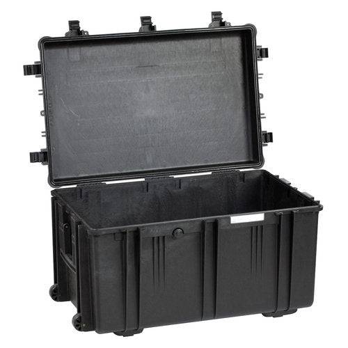 The Explorer 7641 is a large, black, hard plastic, corrosion-proof case with an open hinged lid, stainless steel reinforced edges, side handles, latches, and a waterproof label for secure storage.