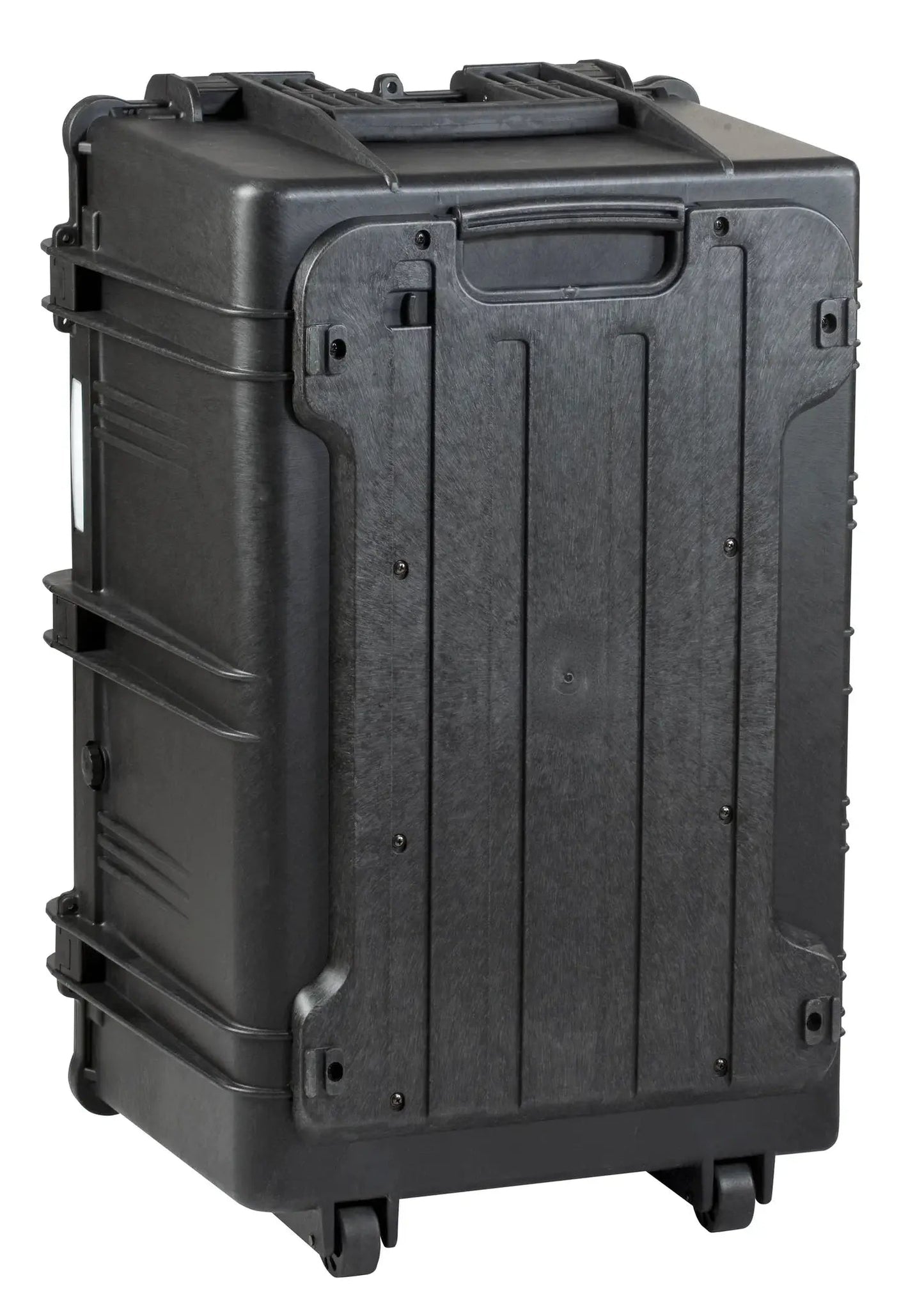 The Explorer 7641, a large black hard-shell rolling case with stainless steel-reinforced corners, waterproof label, side handles, and wheels, is shown standing upright.