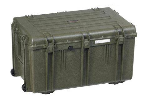 The Explorer 7641 is a large, olive-green hard plastic storage case with stainless steel reinforced edges, latches, a waterproof label slot, and transport wheels.