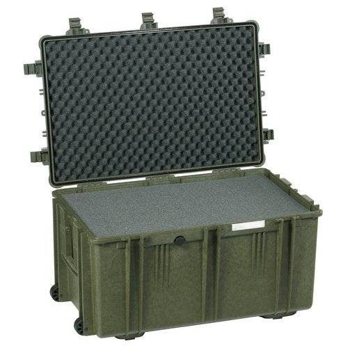 The Explorer 7641 is a large, olive green hard-shell case with an open lid, showing foam padding and stainless steel reinforcements inside for secure, corrosion-proof storage and transport.