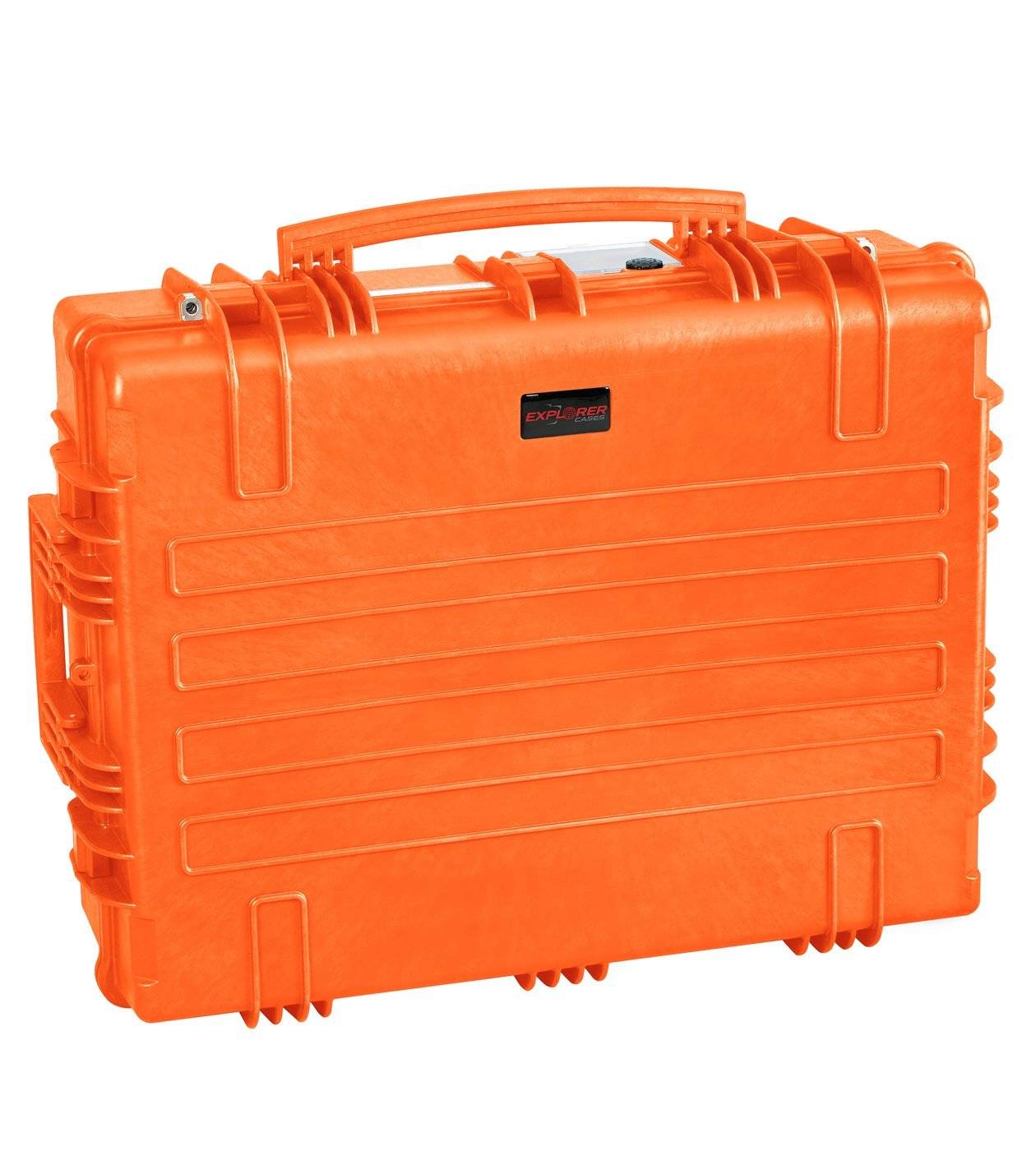 The Explorer 7726 is a bright orange polypropylene case with a handle and secure latches, ideal for equipment transportation and safe storage.