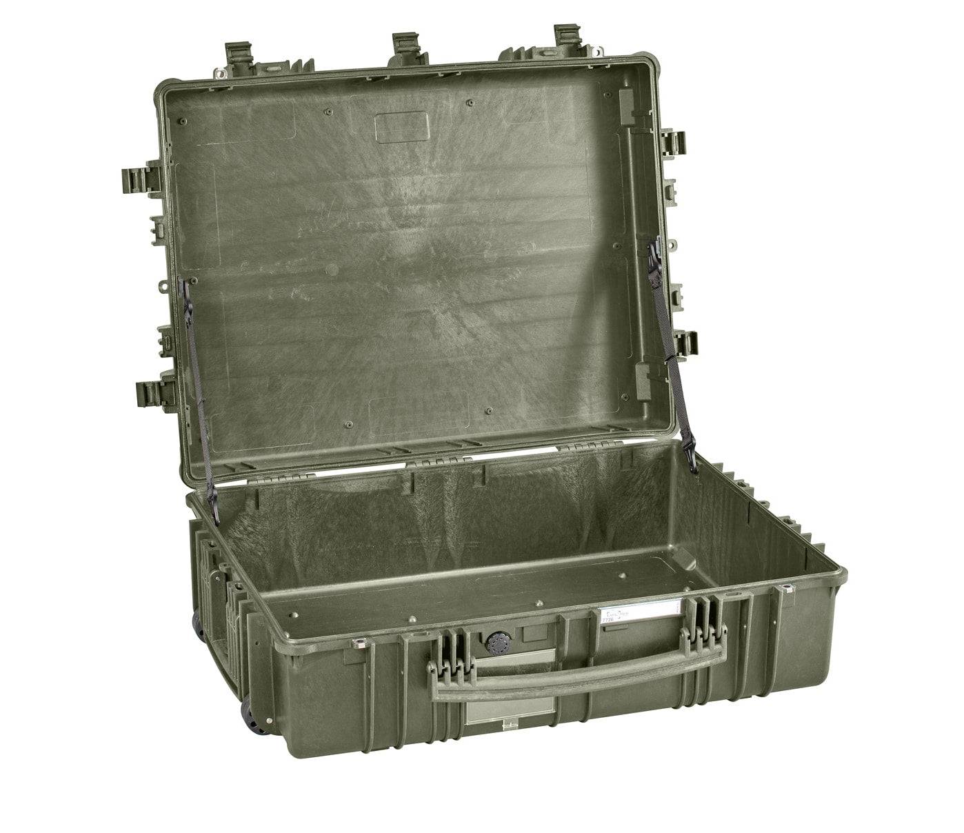 The Explorer 7726 is a large, open, hard-shell green polypropylene case with latches, a handle, and an empty interior—ideal for equipment transportation.