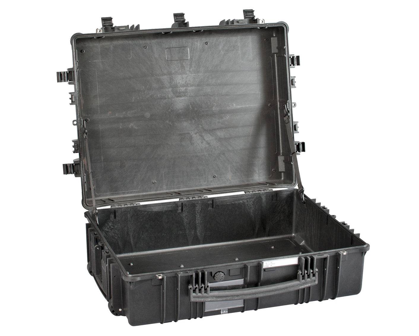 The Explorer 7726 is a large black polypropylene case with a hinged lid, featuring an empty padded interior—perfect for safely transporting equipment.
