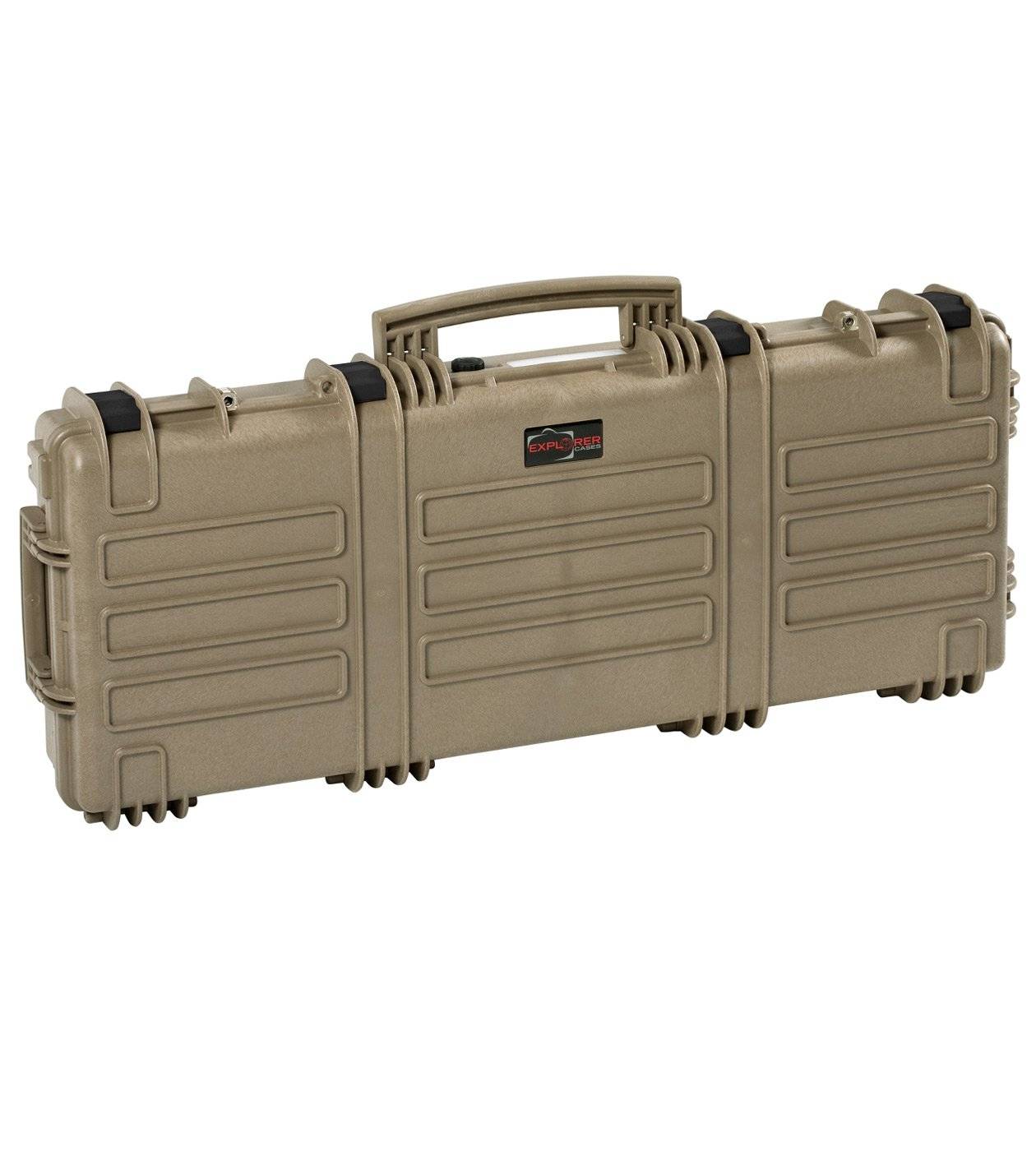 The Explorer 9413 is a tan hard plastic waterproof case featuring reinforced edges, a sturdy handle, secure latches, stainless steel reinforced corners, and ribbed detailing.