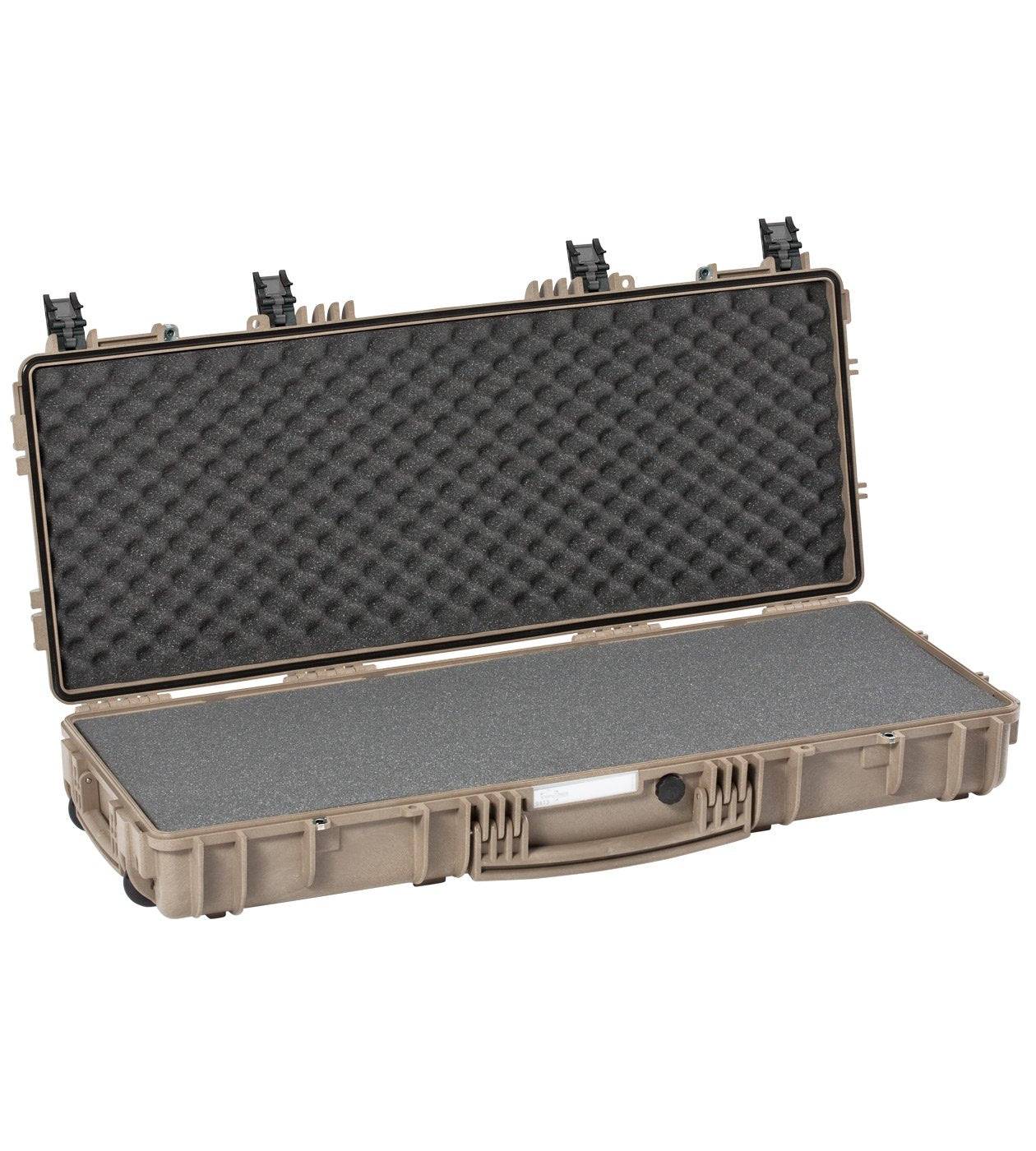 The Explorer 9413 is a hard-shell waterproof case with stainless steel reinforced edges, featuring egg-crate padding in the lid and flat foam lining in the base for secure storage and transport.