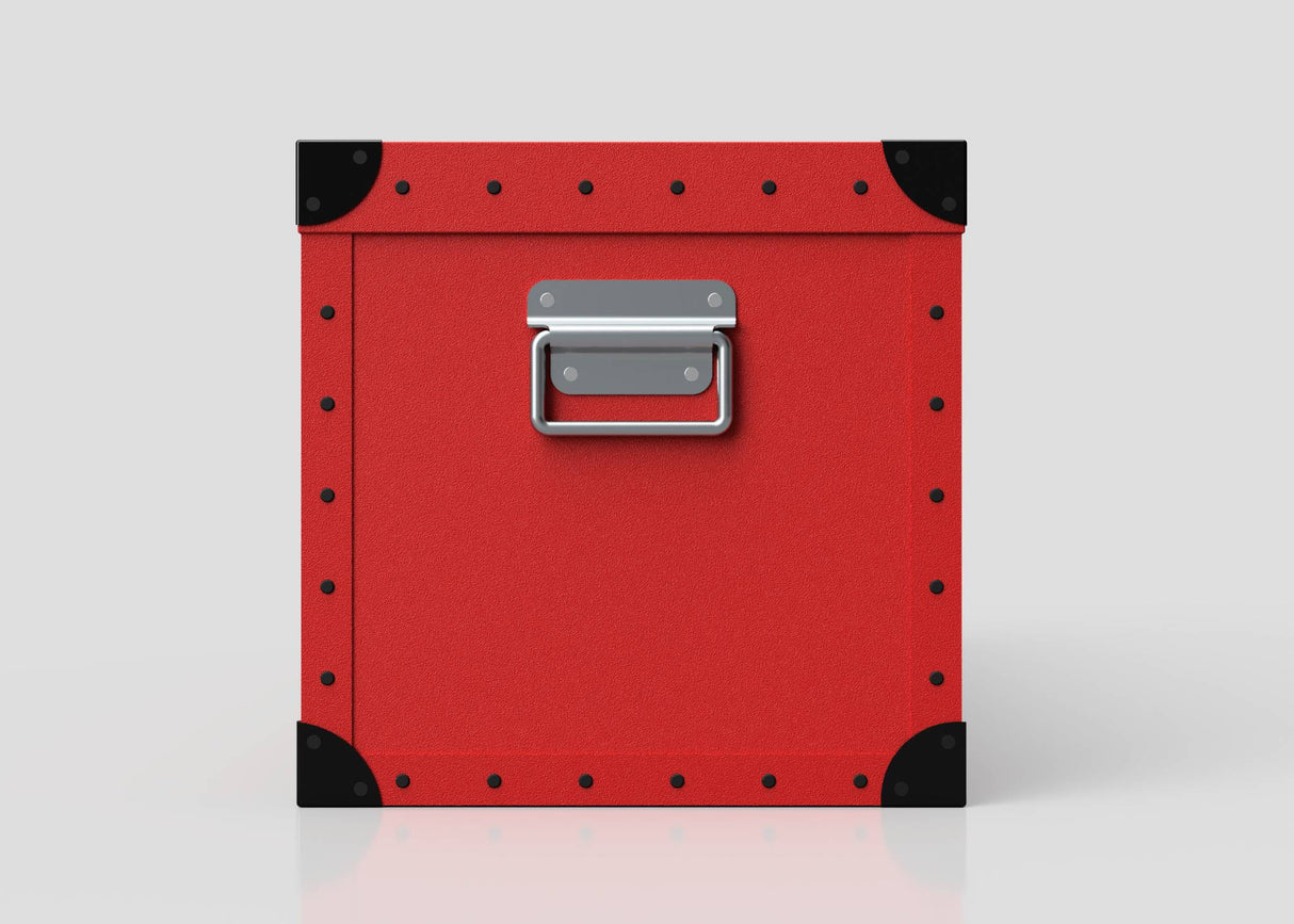 The Football Storage Poly Case (Medium) is a red polyethylene box with black corner protectors and a zinc drop handle, displayed against a plain white background.