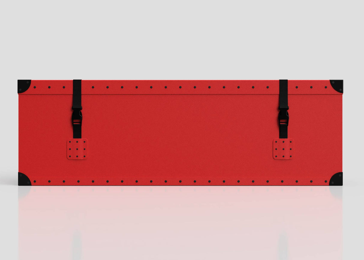 A medium red Football Storage Poly Case with black reinforced corners, zinc drop handle, and two black webbing side-release buckles, shown on a plain light background.