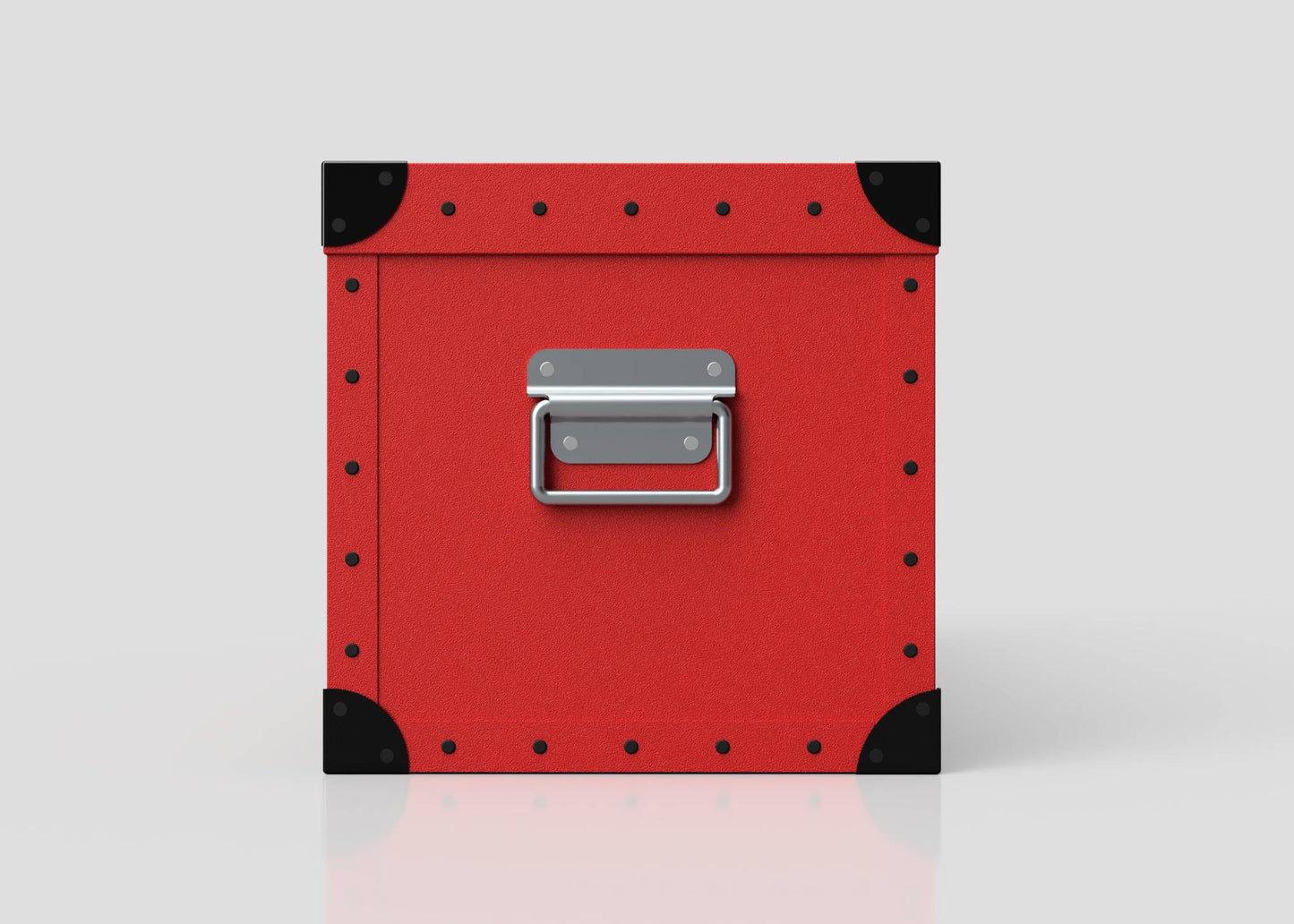 The Football Storage Poly Case (Small) is a red polyethylene box with black corner protectors and a silver zinc drop handle on the front, shown on a plain white background.