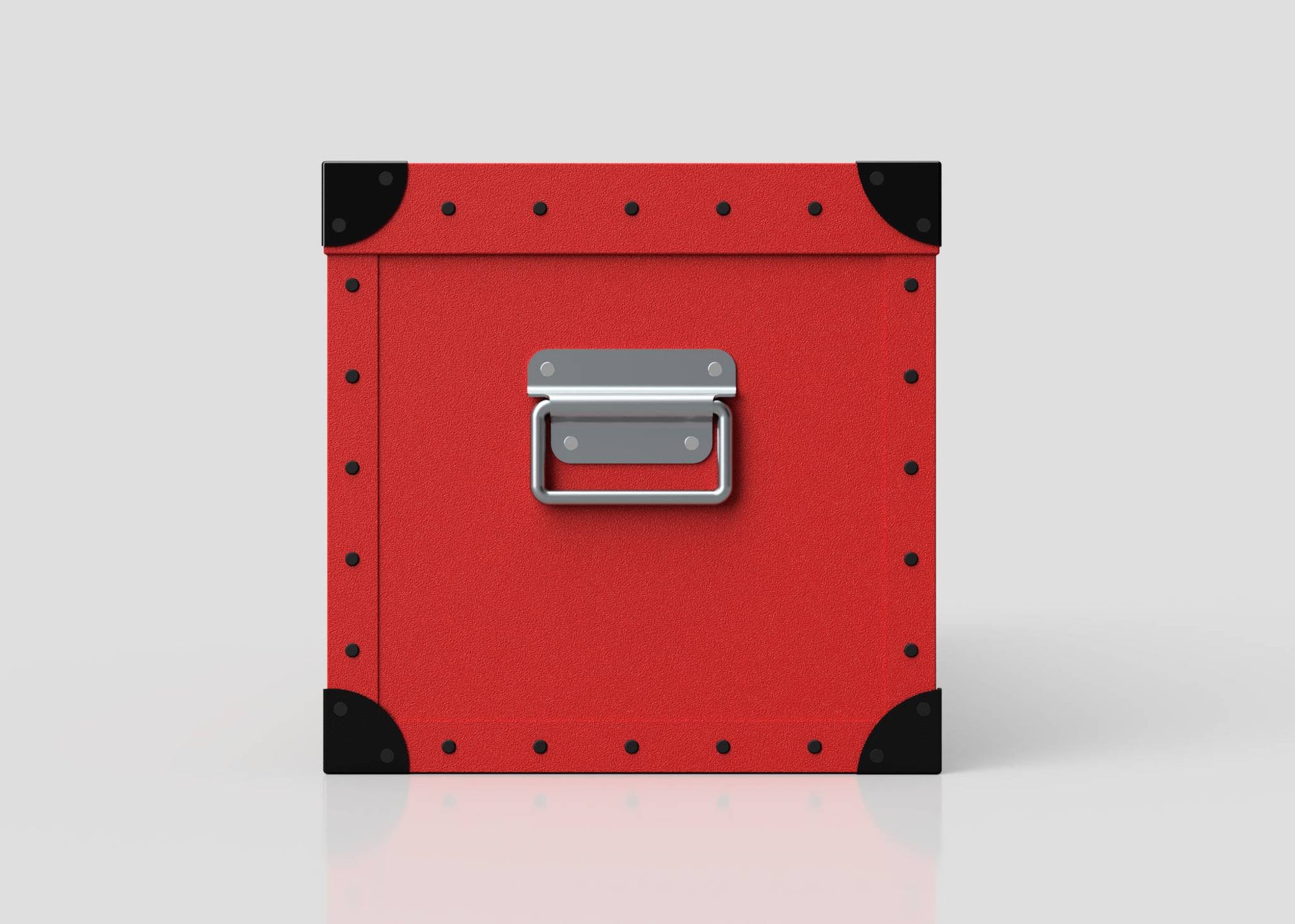 The Football Storage Poly Case (Small) is a red polyethylene box with black corner protectors and a silver zinc drop handle on the front, shown on a plain white background.