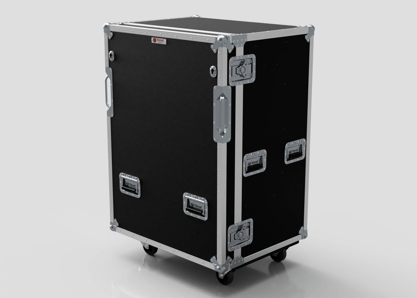 The Games Console Entertainment Case is a large black road case with metal reinforcements, handles, and latches. Upright on four wheels, it measures 817 x 646 x 1217 mm—perfect for use as a mobile storage cabinet.