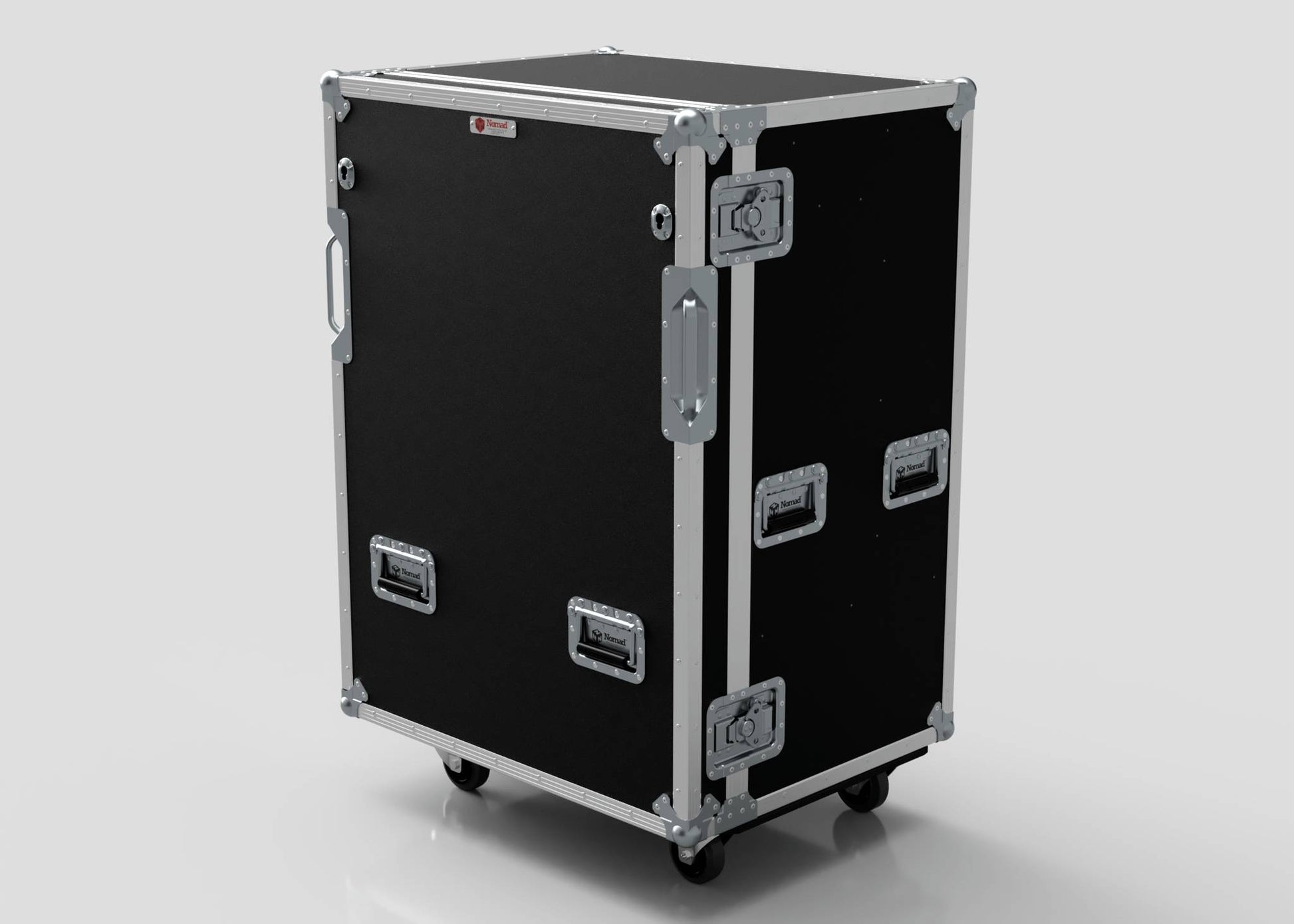 The Games Console Entertainment Case is a large black road case with metal reinforcements, handles, and latches. Upright on four wheels, it measures 817 x 646 x 1217 mm—perfect for use as a mobile storage cabinet.