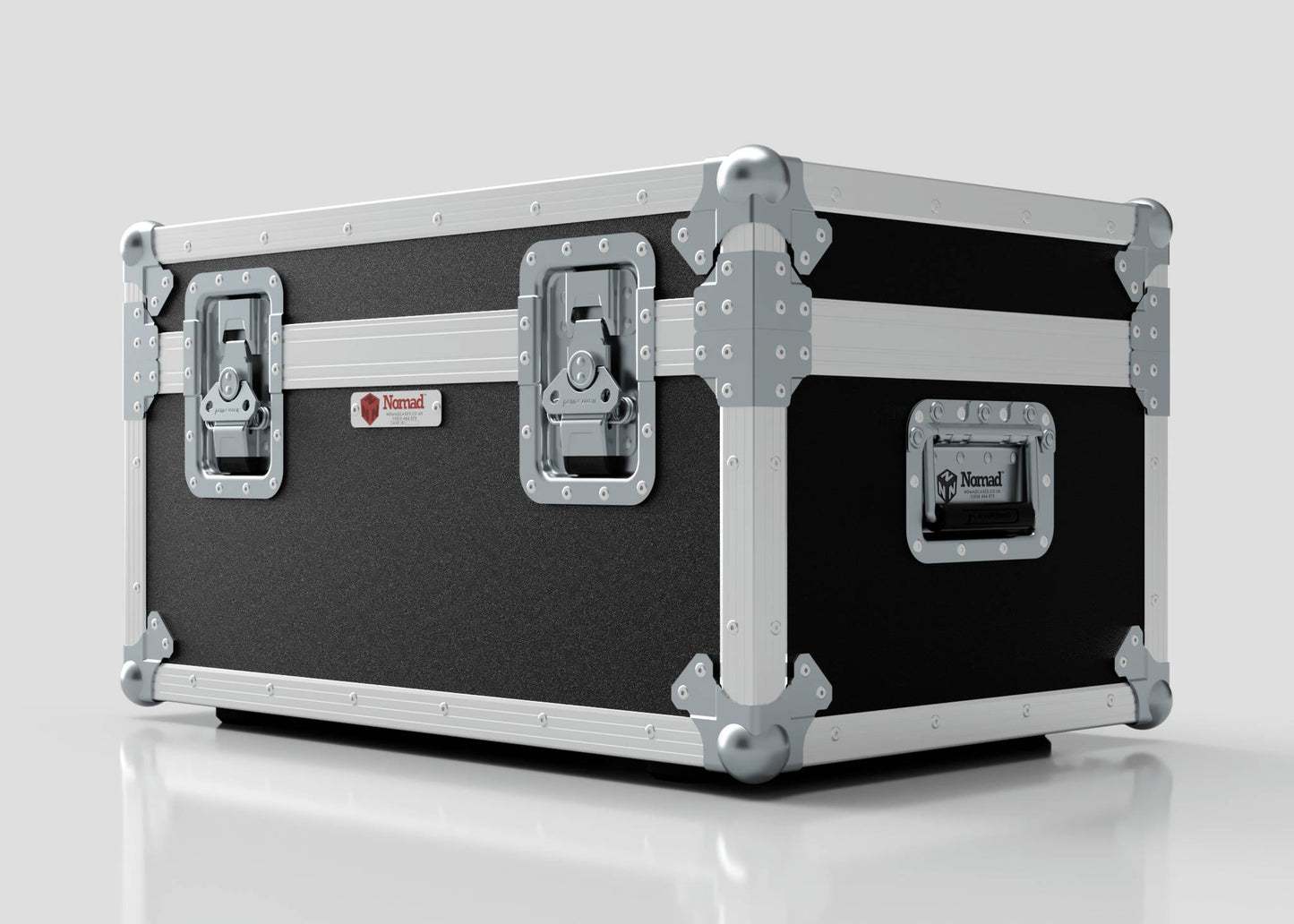 The Hazer Jem ZR45 Smoke Machine Case, a black and silver external storage box with metal edges, reinforced corners, two latches, and a handle, is placed on a white surface.