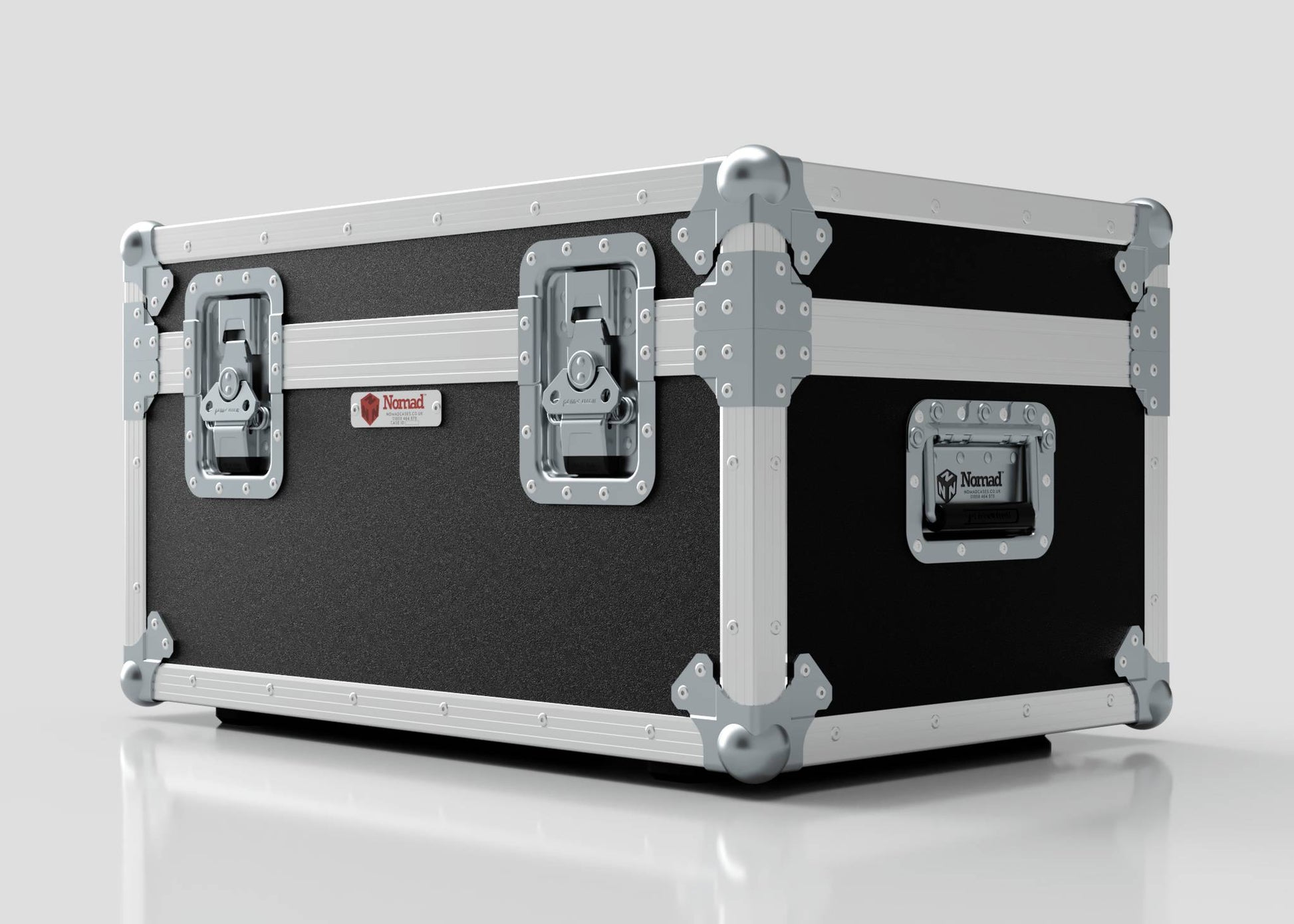 The Hazer Jem ZR45 Smoke Machine Case, a black and silver external storage box with metal edges, reinforced corners, two latches, and a handle, is placed on a white surface.