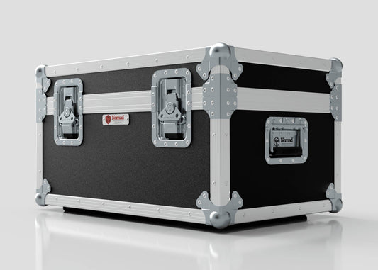 The Hazer Jem ZR45 Smoke Machine Case, a black and silver external storage box with metal edges, reinforced corners, two latches, and a handle, is placed on a white surface.