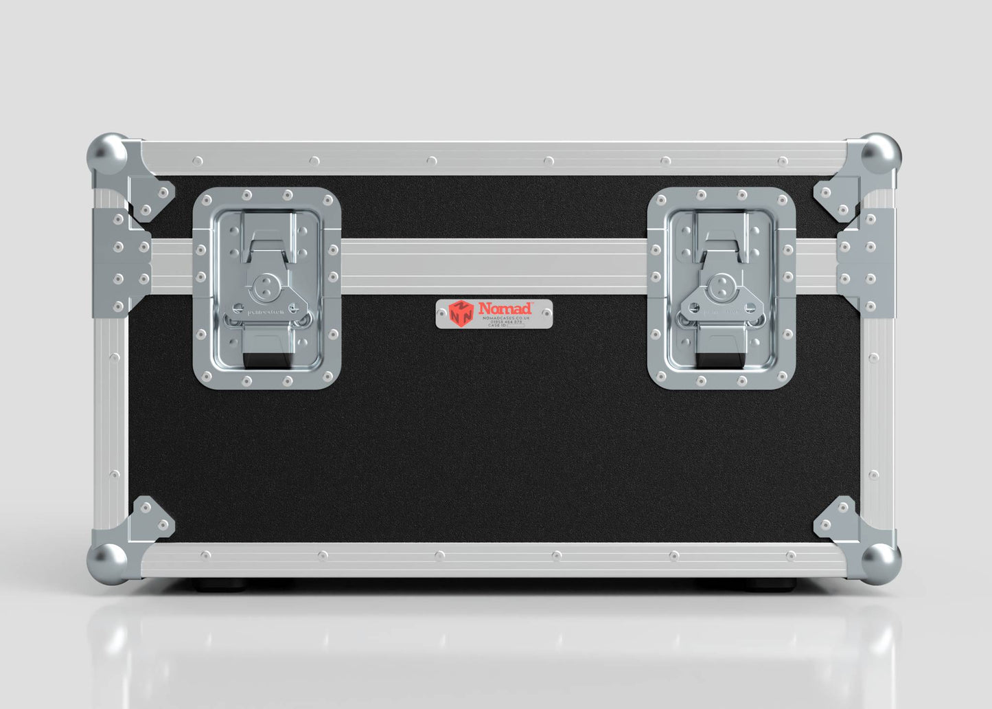 The Hazer Jem ZR45 Smoke Machine Case is a black and silver hard case with metal reinforcements, two latches, and a small red Nomad logo on the front, shown against a plain background.