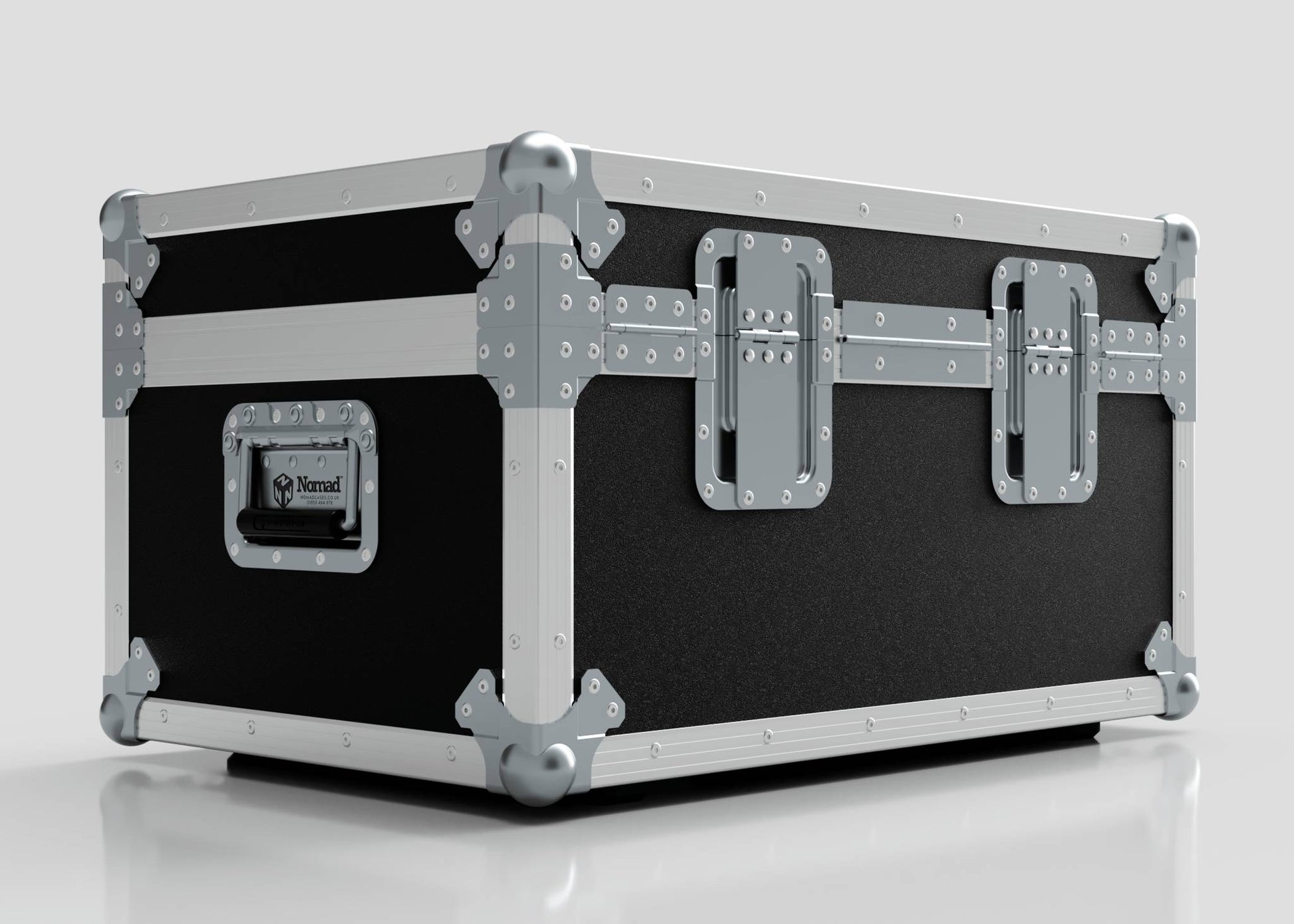 The Hazer Jem ZR45 Smoke Machine Case, in black and silver with metal reinforcements, hinges, and a handle, is shown on a plain light background.