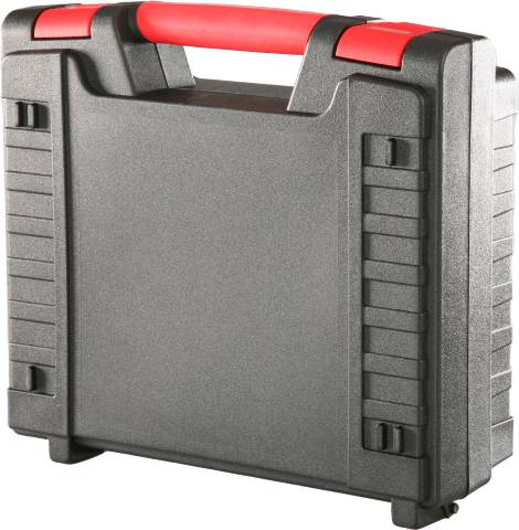The Heavy 4002 is a black plastic injection molded case with a red handle, shown closed and upright on a white background. It features secure cantilever locks and can be fitted with optional profile foam sets for added protection.