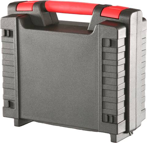 The Heavy 4003 is a closed black injection-moulded plastic case with a red handle and secure cantilever locks, shown standing upright on a white background.