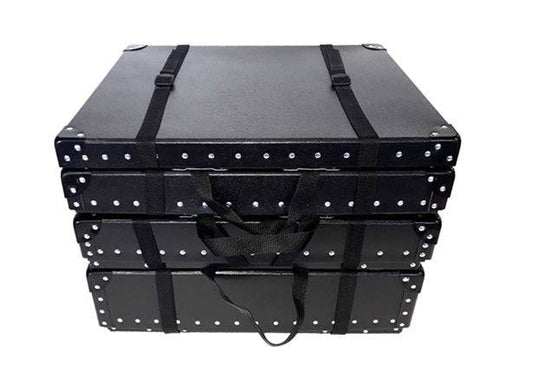A stack of three Heavy Duty Photographic Print Box 1.625" - Without Webbing Handle, in black with metal rivets, is placed on a white background.