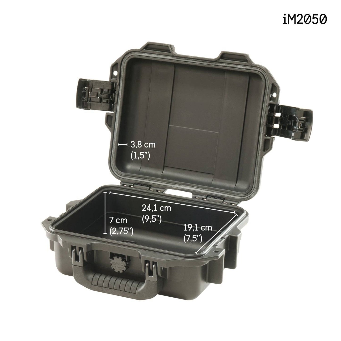 Open hard plastic iM2050 Storm Case with interior measurements 24.1 x 19.1 x 7 cm (9.5 x 7.5 x 2.75"); lid depth 3.8 cm (1.5"). This crushproof case delivers durable gear protection.