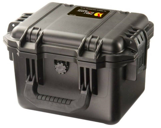 A black iM2075 Storm Case hard plastic protective case with handle and secure latches, shown closed on a white background. This crushproof case is ideal for protecting valuables during travel or storage.