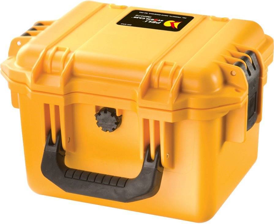 The iM2075 Storm Case is a bright yellow, hard plastic case with a black handle and secure latch, ideal for storing and transporting sensitive equipment. This crushproof case provides dependable protection against impact and the elements.