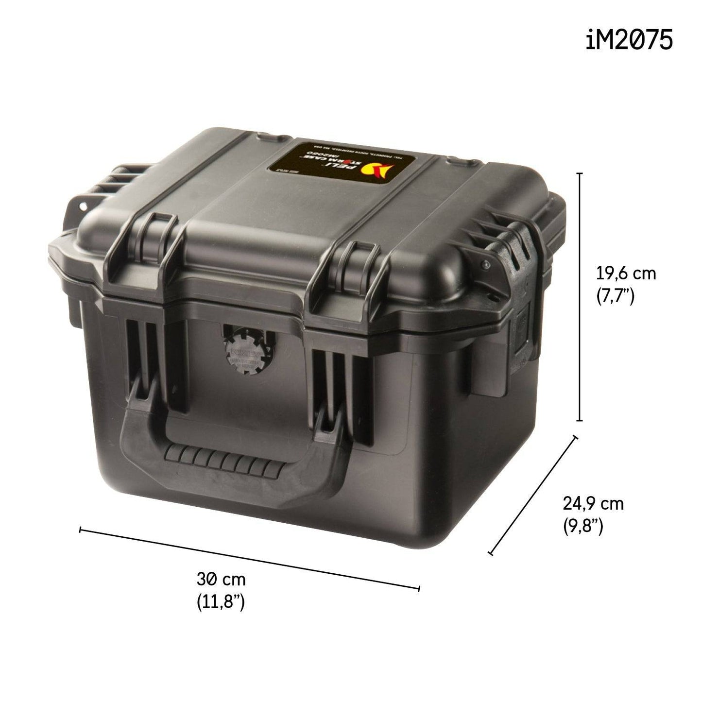 The iM2075 Storm Case is a black hard plastic case with a handle, labeled iM2075. It is crushproof and watertight, and measures 30 x 24.9 x 19.6 cm (11.8 x 9.8 x 7.7 in).