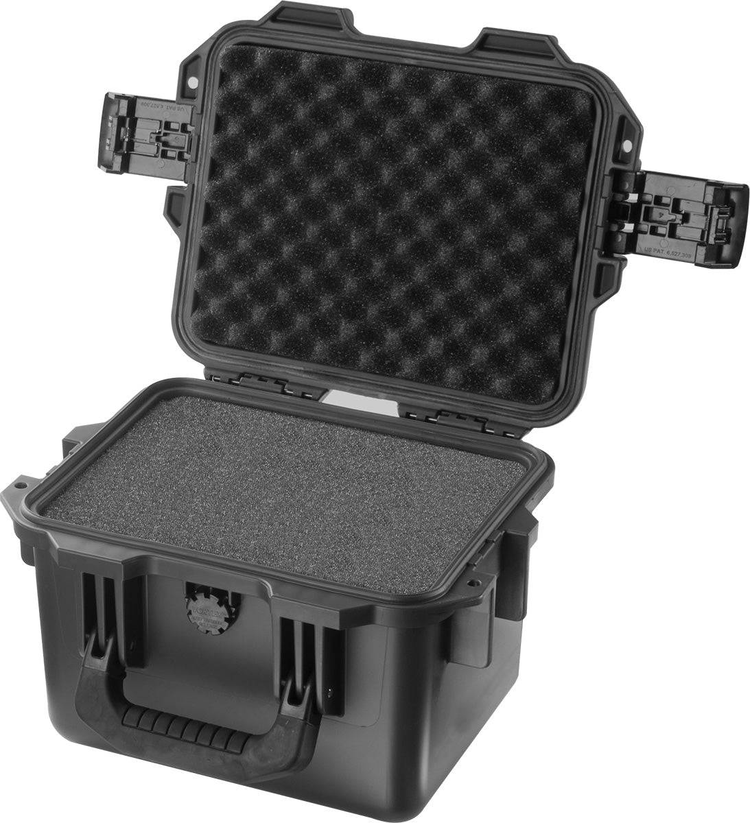 The black iM2075 Storm Case, shown open with foam padding and side latches, is a crushproof case designed for secure storage and safe transport of valuables.