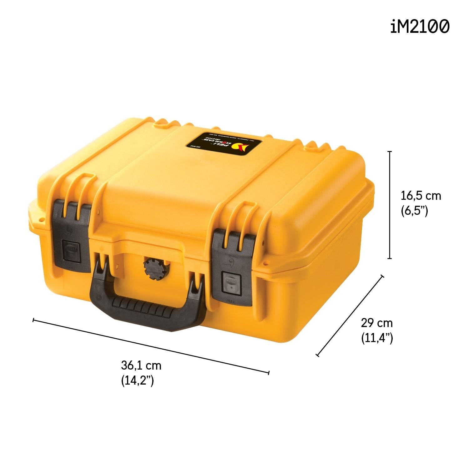 The iM2100 Storm Case in yellow features a black handle and latches, is crushproof and watertight, and measures 36.1 x 29 x 16.5 cm.