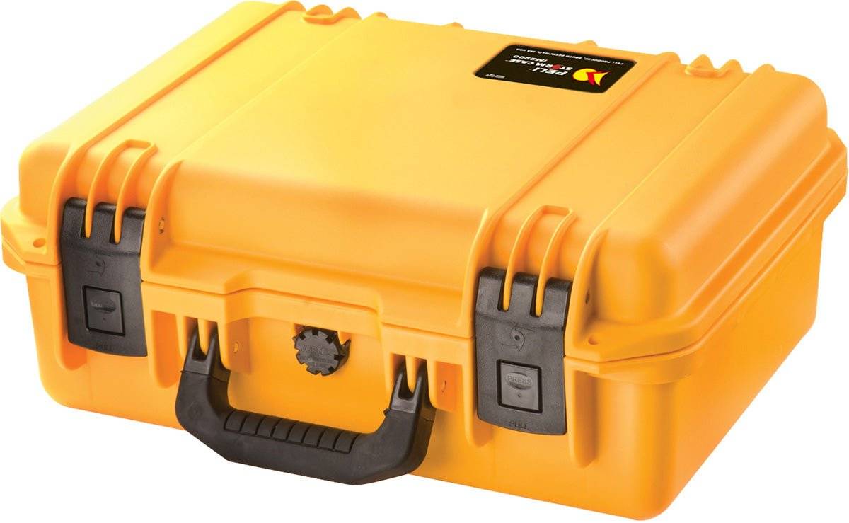 The iM2200 Storm Case is a closed, hard-shell yellow PELI case with black latches and handle, offering crushproof and watertight protection for your gear.