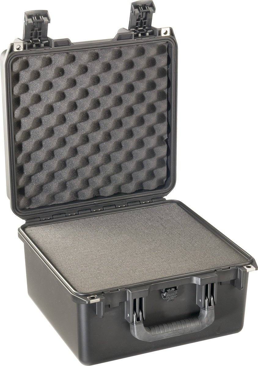 The iM2275 Storm Case is a black protective case with custom foam fittings, shown open with its hinged lid raised and two latches at the top.