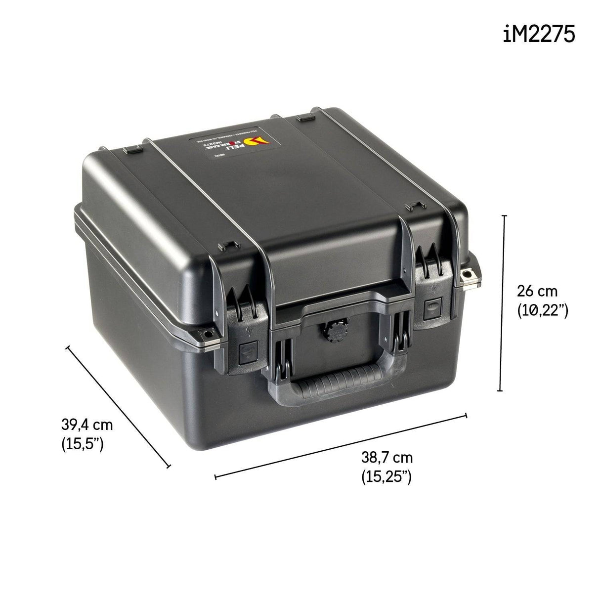 A black iM2275 Storm Case with hard plastic, handle, and custom foam inserts is shown, measuring 39.4 cm x 38.7 cm x 26 cm. Model number iM2275 appears in the top right corner.