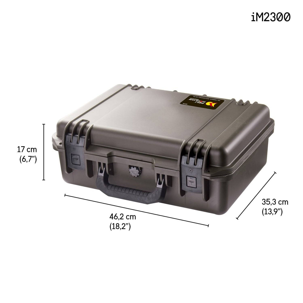 Black hard-shell iM2300 Storm Case with handle, shown with dimensions: 17 cm height, 46.2 cm width, and 35.3 cm depth. Model name displayed in the top right corner.