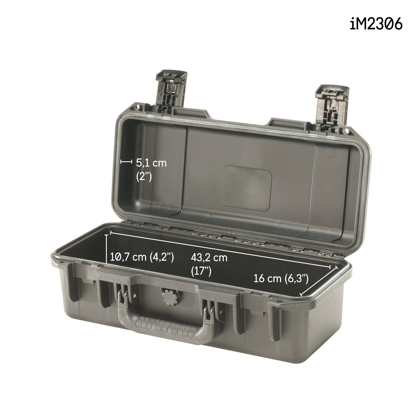 Open gray iM2306 Storm Case with internal dimensions: 5.1 cm deep, 10.7 cm tall, 43.2 cm wide, and 16 cm long displayed inside. Model number iM2306 in the corner. This crushproof case ensures reliable protection.