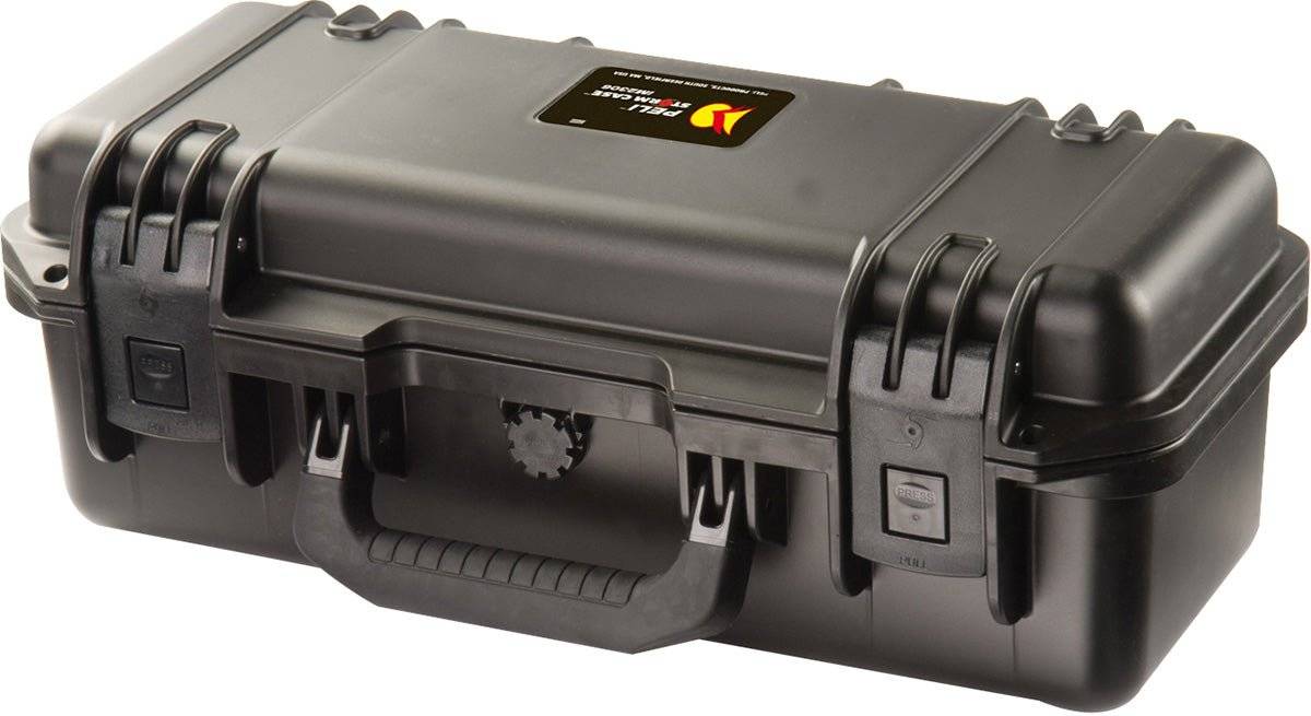The iM2306 Storm Case is a closed, hard plastic, crushproof case with clips, a handle, and a top label, offering durable protection for your valuables.