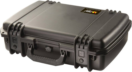 The closed black iM2370 Storm Laptop Case has a hard-shell, crushproof design with a handle, two latches, and a small Pelican label on the top corner.