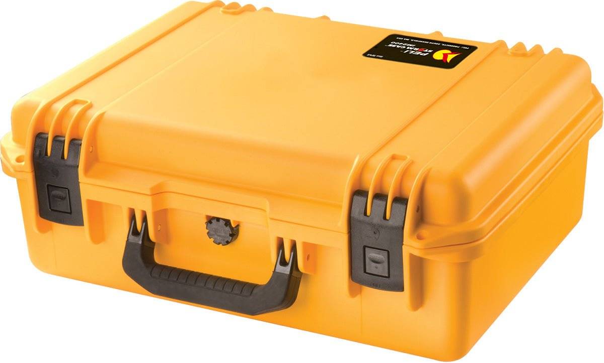The iM2400 Storm Laptop Case is a closed, hard-shell yellow case with a black handle, black latches, and a small top-right label, designed to be crushproof and watertight.