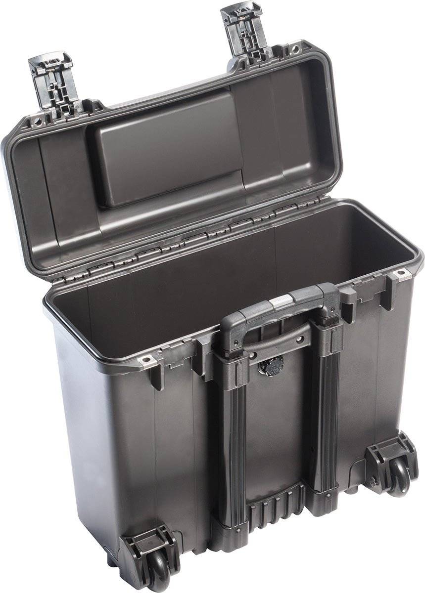 The iM2435 Storm Top Loader Case features a hard plastic build with an open lid, empty interior, two latches, two wheels, and a retractable handle—making it a crushproof case for reliable protection.