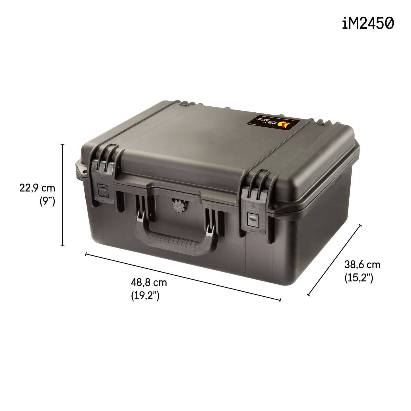 A black iM2450 Storm Case, a hard-shell, crushproof case with handle, measuring 22.9 cm (H) x 48.8 cm (W) x 38.6 cm (D).