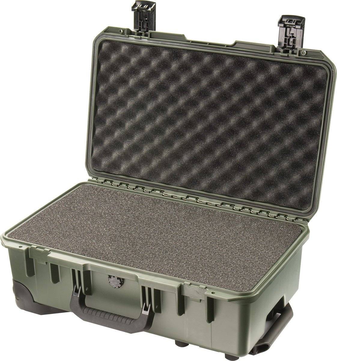 The iM2500 Storm Carry-On Case is shown open with egg crate foam in the lid and flat foam in the base, offering crushproof protection for safe storage.