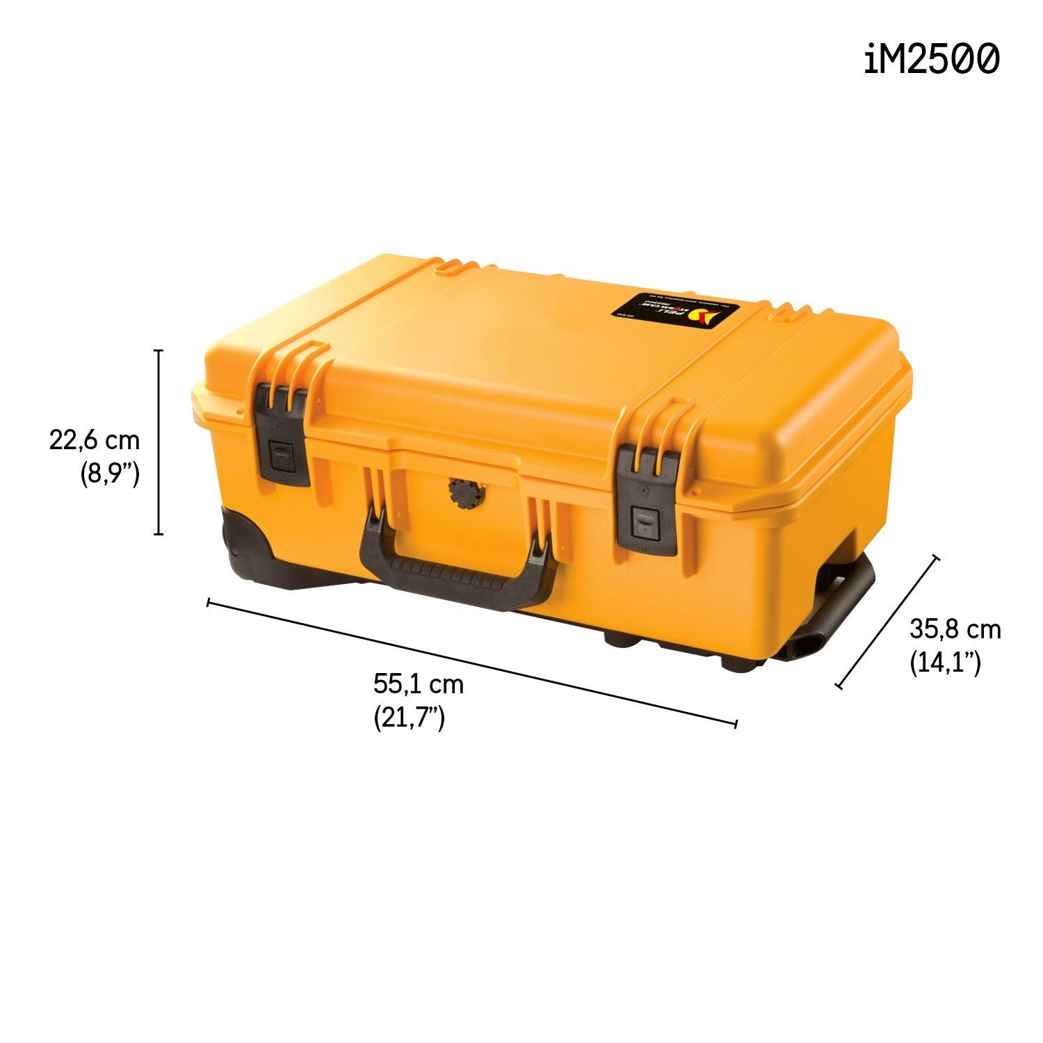 The yellow iM2500 Storm Carry-On Case is a hard plastic, crushproof case with two latches, a handle, and exterior dimensions of 55.1 x 35.8 x 22.6 cm (21.7 x 14.1 x 8.9), offering superior protection for your equipment.